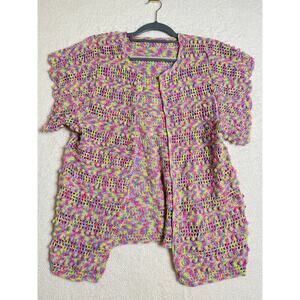 Handmade Knit Chunky Fisherman Grandma Cottage Multicolor Open Cardigan M/L